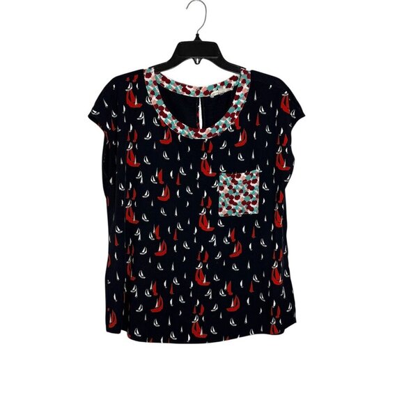 Porridge anthropogie Womens Navy Sailboat Print Short Sleeve Top size large - Picture 1 of 7